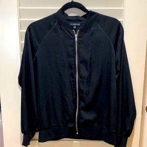 West Kei black satin bomber jacket with knit cuffs & waistband, metal zipper